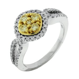 Yellow and White Diamond Halo Ring